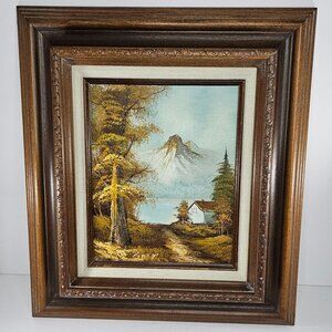 Original Oil Painting Framed Art Landscape Lake Woods Cabin Signed 17x15